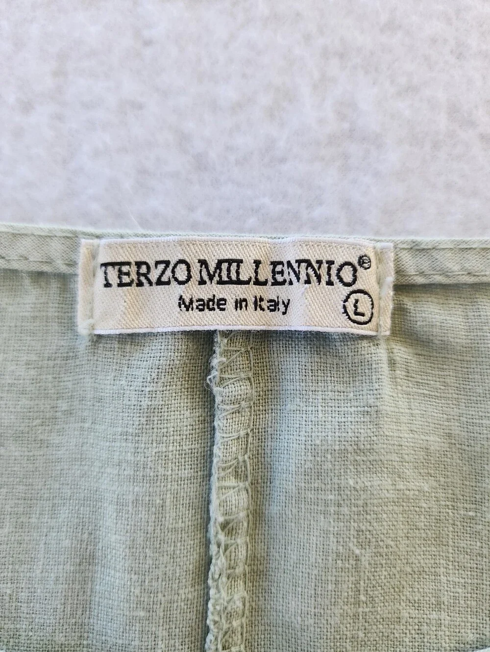 Terzo Millennio Italy 100% Linen Sage Green Sleeveless Ruffle Hem Dress L - Picture 7 of 8